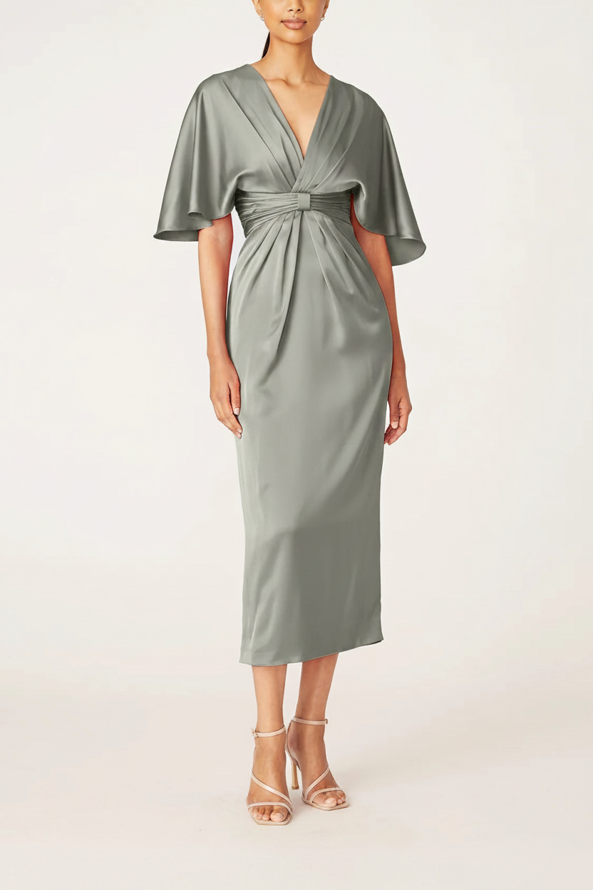 Sheath/Column V-Neck Half Sleeves Tea-Length Mother Of The Bride Dress with Ruffles