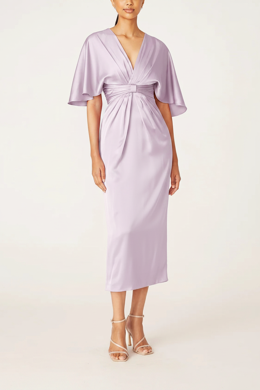 Sheath/Column V-Neck Half Sleeves Tea-Length Mother Of The Bride Dress with Ruffles