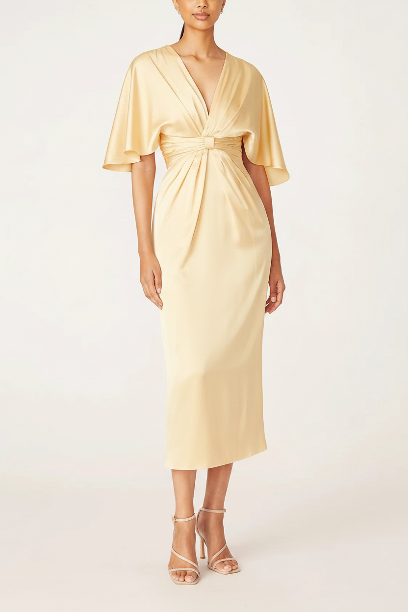 Sheath/Column V-Neck Half Sleeves Tea-Length Mother Of The Bride Dress with Ruffles