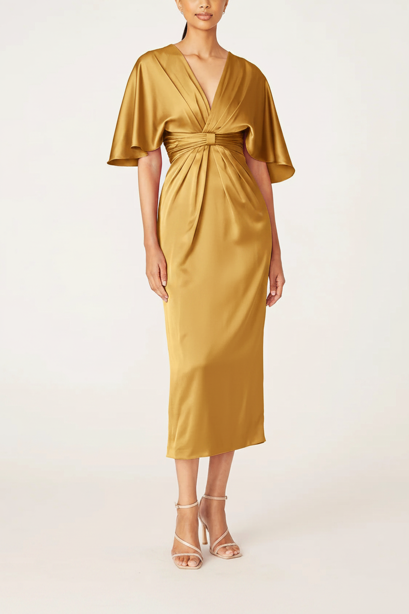 Sheath/Column V-Neck Half Sleeves Tea-Length Mother Of The Bride Dress with Ruffles