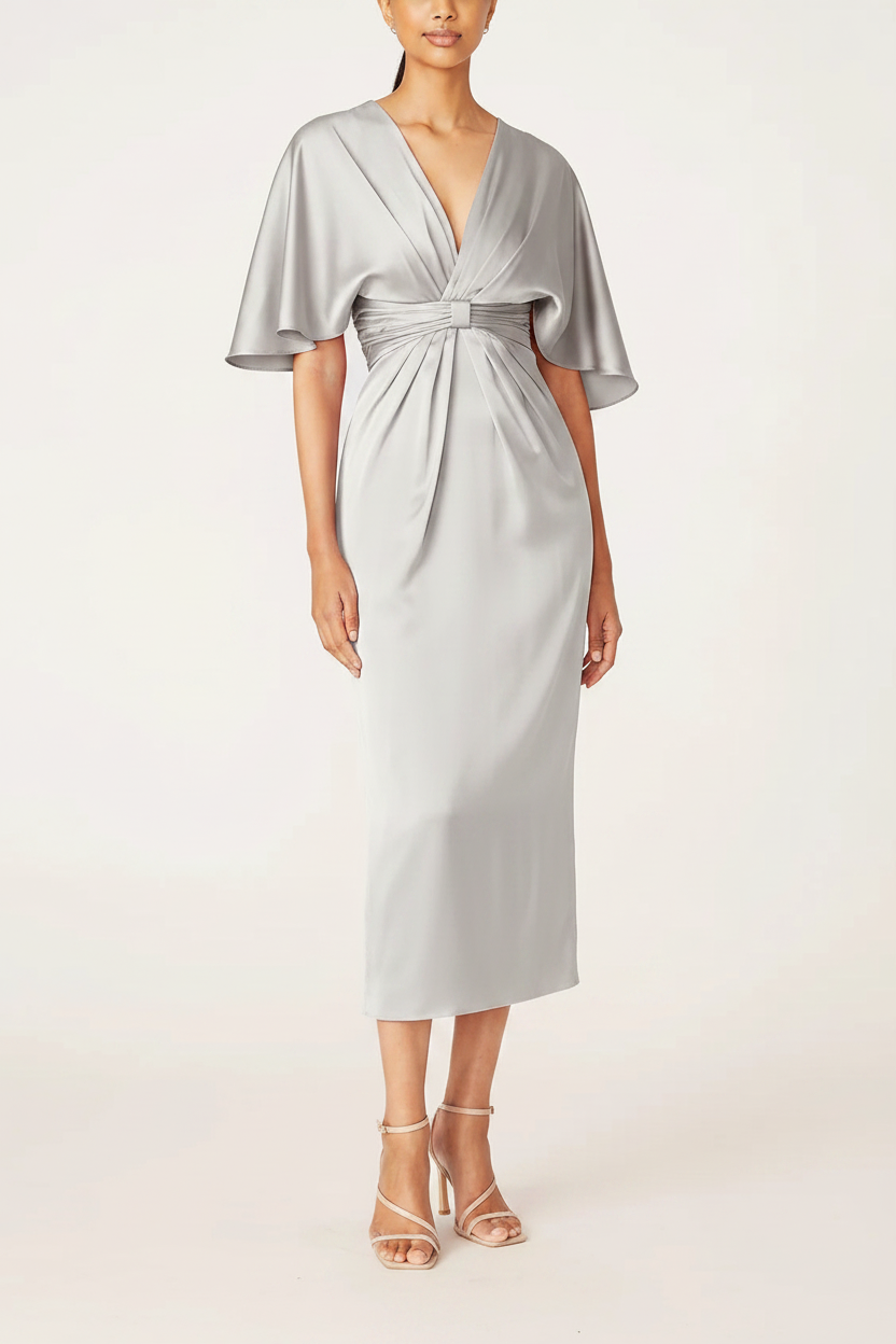 Sheath/Column V-Neck Half Sleeves Tea-Length Mother Of The Bride Dress with Ruffles