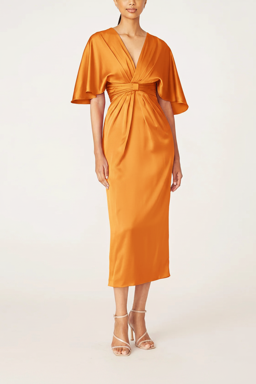 Sheath/Column V-Neck Half Sleeves Tea-Length Mother Of The Bride Dress with Ruffles
