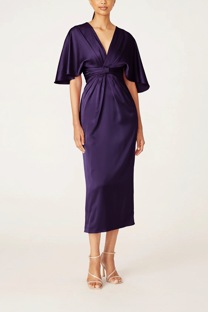 Sheath/Column V-Neck Half Sleeves Tea-Length Mother Of The Bride Dress with Ruffles