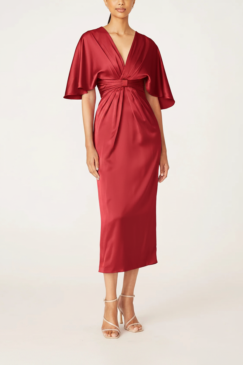 Sheath/Column V-Neck Half Sleeves Tea-Length Mother Of The Bride Dress with Ruffles
