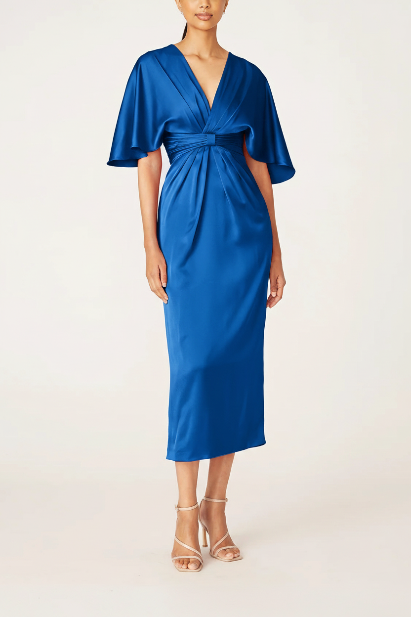Sheath/Column V-Neck Half Sleeves Tea-Length Mother Of The Bride Dress with Ruffles