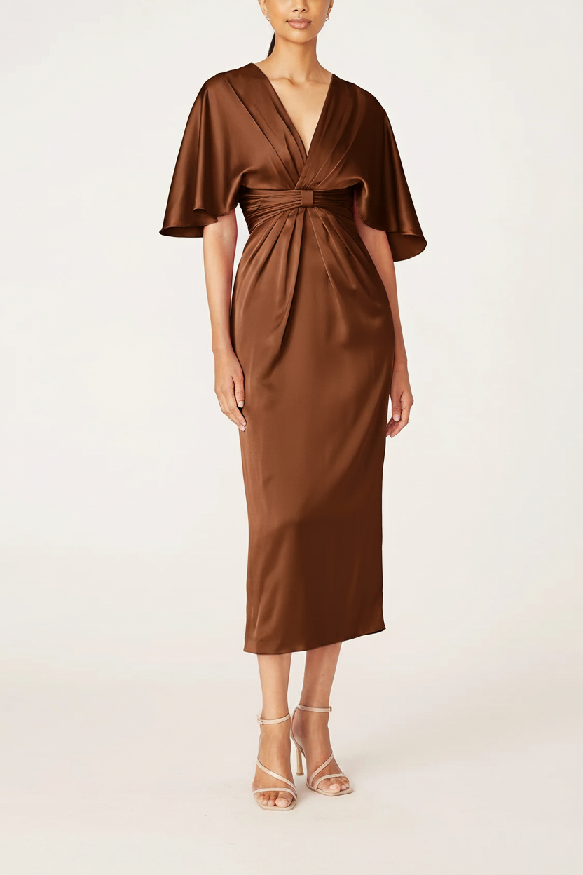 Sheath/Column V-Neck Half Sleeves Tea-Length Mother Of The Bride Dress with Ruffles