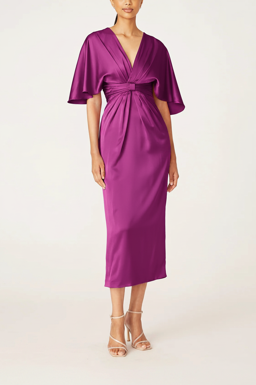 Sheath/Column V-Neck Half Sleeves Tea-Length Mother Of The Bride Dress with Ruffles