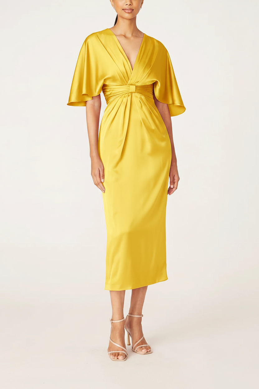 Sheath/Column V-Neck Half Sleeves Tea-Length Mother Of The Bride Dress with Ruffles