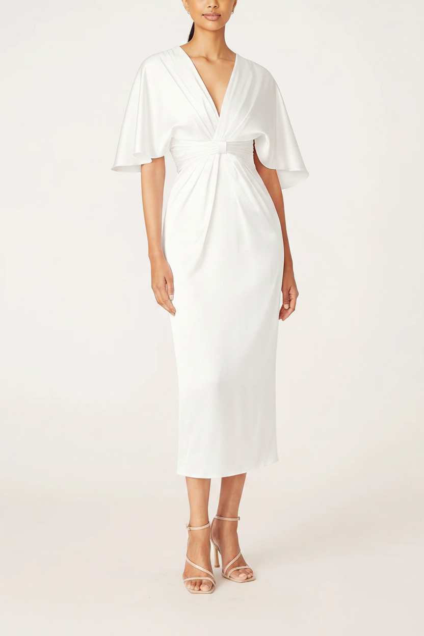 Sheath/Column V-Neck Half Sleeves Tea-Length Mother Of The Bride Dress with Ruffles