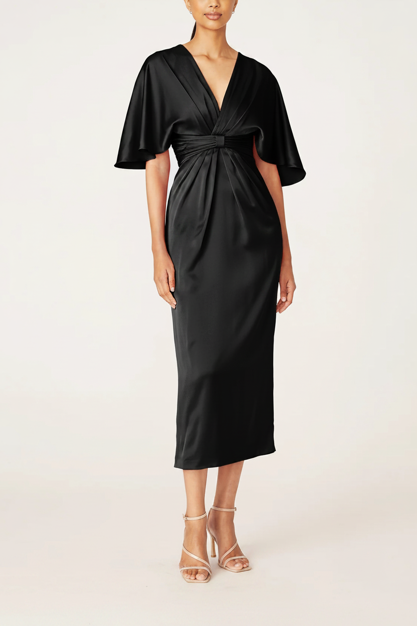 Sheath/Column V-Neck Half Sleeves Tea-Length Mother Of The Bride Dress with Ruffles