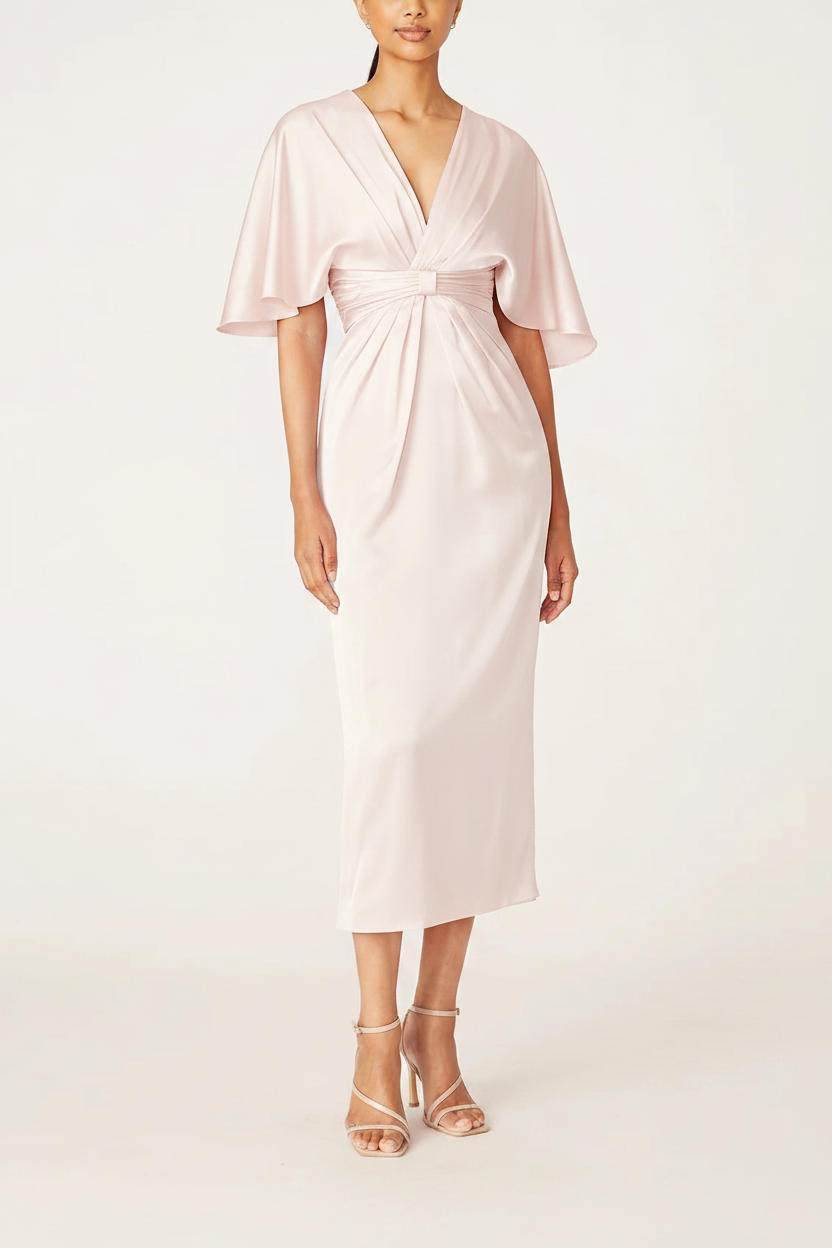 Sheath/Column V-Neck Half Sleeves Tea-Length Mother Of The Bride Dress with Ruffles
