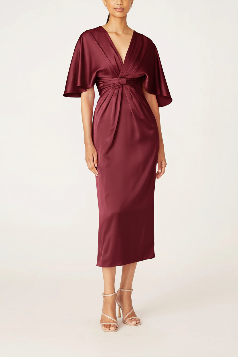 Sheath/Column V-Neck Half Sleeves Tea-Length Mother Of The Bride Dress with Ruffles