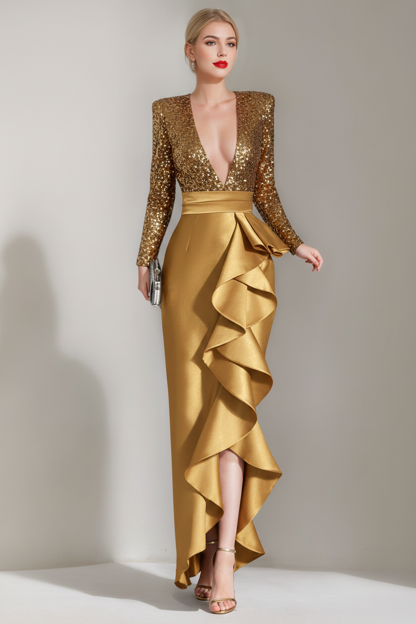 Sheath/Column V-Neck Long Sleeves Asymmetrical Elegant Evening Dresses with Sequins & Ruffles