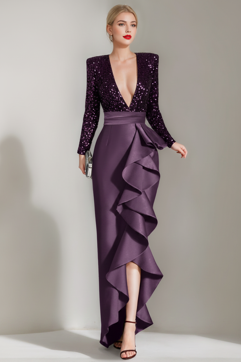 Sheath/Column V-Neck Long Sleeves Asymmetrical Elegant Evening Dresses with Sequins & Ruffles