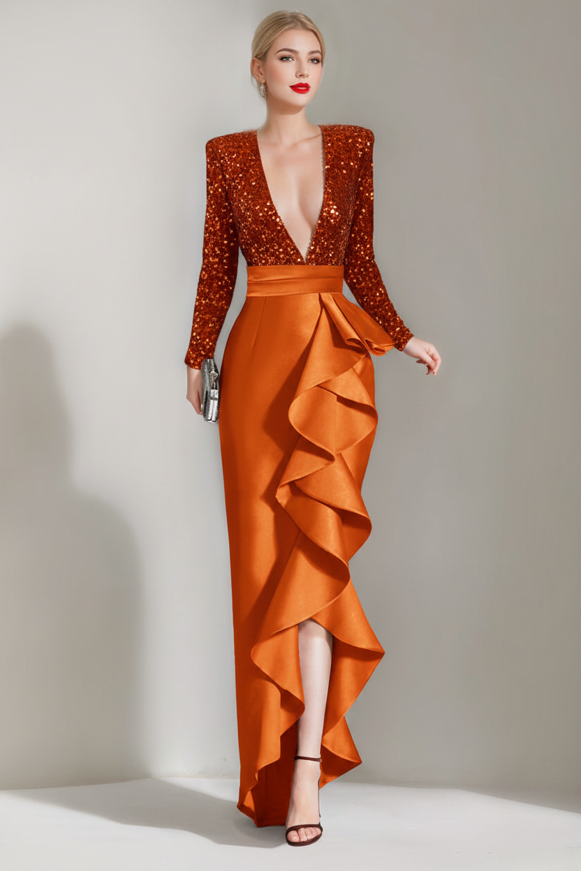 Sheath/Column V-Neck Long Sleeves Asymmetrical Elegant Evening Dresses with Sequins & Ruffles