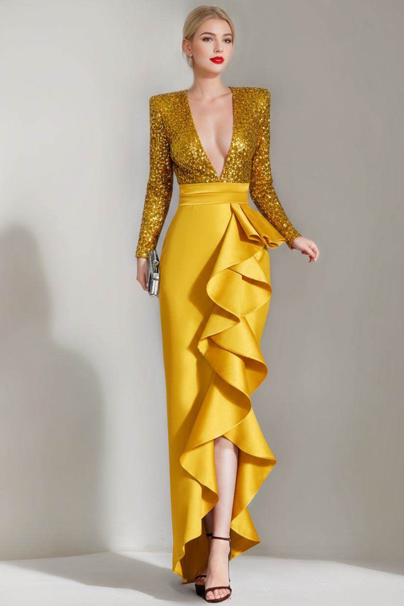 Sheath/Column V-Neck Long Sleeves Asymmetrical Elegant Evening Dresses with Sequins & Ruffles