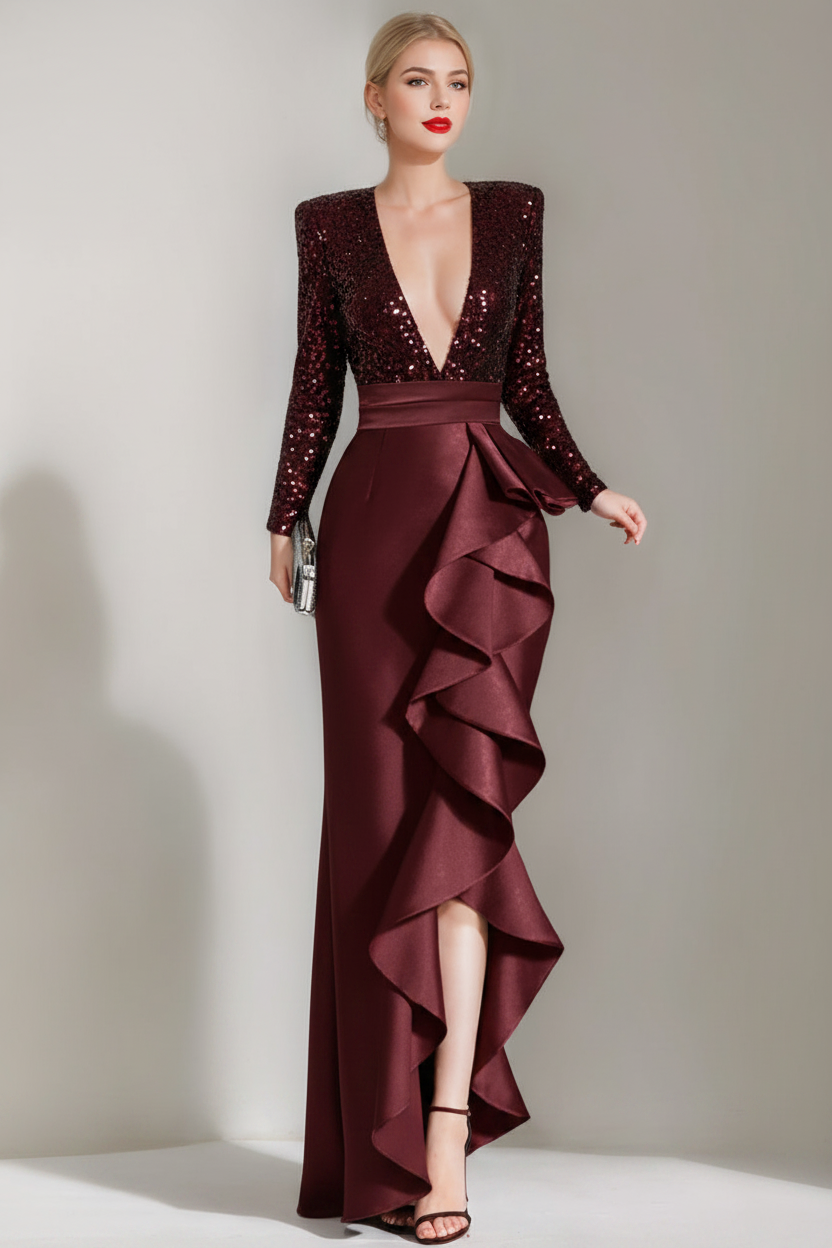 Sheath/Column V-Neck Long Sleeves Asymmetrical Elegant Evening Dresses with Sequins & Ruffles