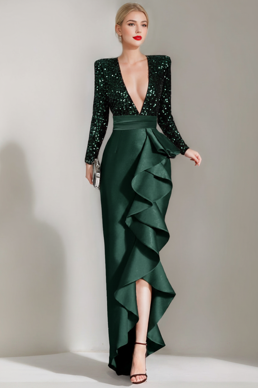 Sheath/Column V-Neck Long Sleeves Asymmetrical Elegant Evening Dresses with Sequins & Ruffles