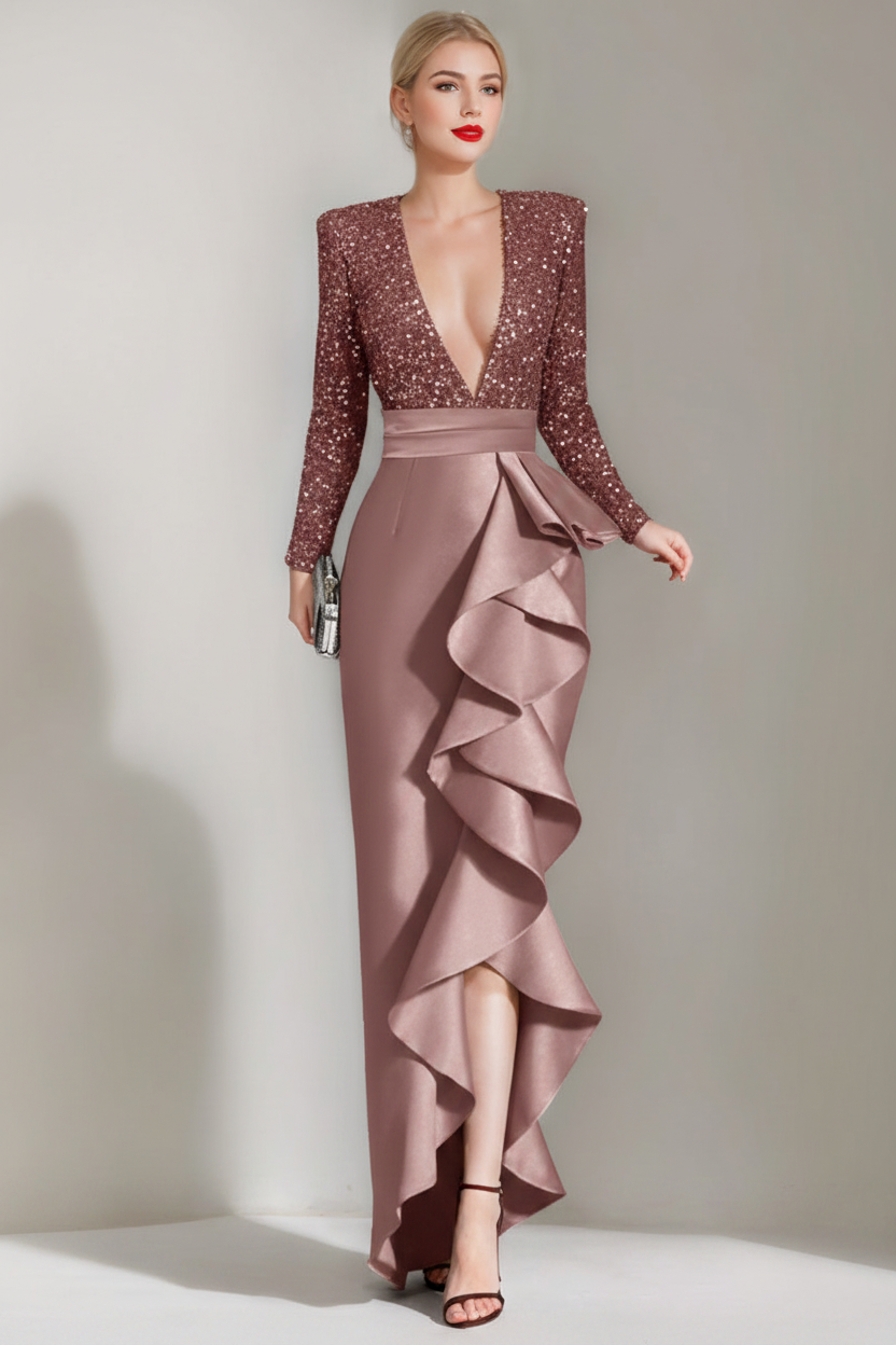 Sheath/Column V-Neck Long Sleeves Asymmetrical Elegant Evening Dresses with Sequins & Ruffles