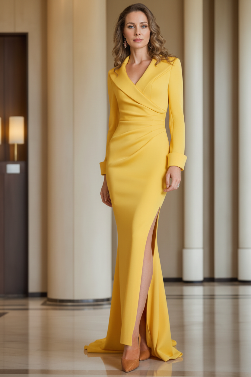 Sheath/Column V-Neck Long Sleeves Floor-Length Mother of the Bride Dresses With Pleats