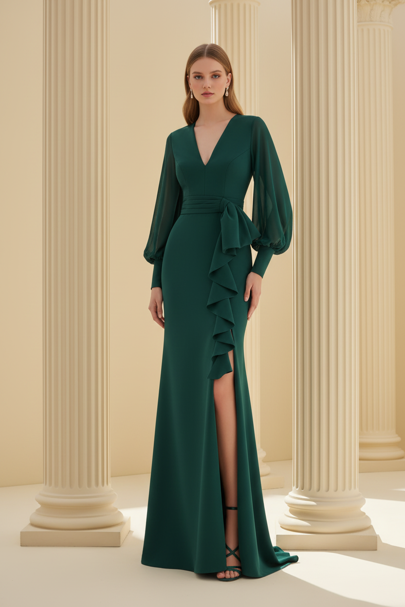 Sheath/Column V-Neck Long Sleeves Floor-Length Unique Mother of the Bride Dresses with Ruffles