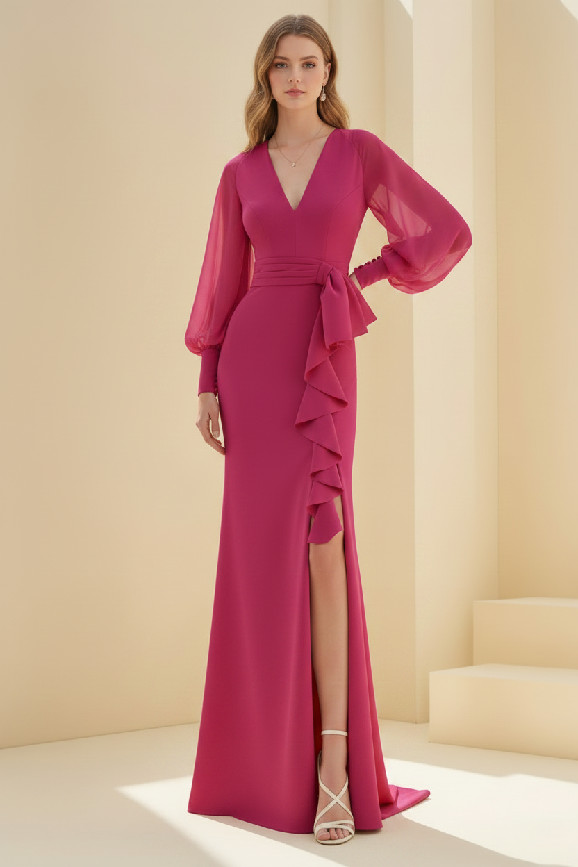 Sheath/Column V-Neck Long Sleeves Floor-Length Unique Mother of the Bride Dresses with Ruffles