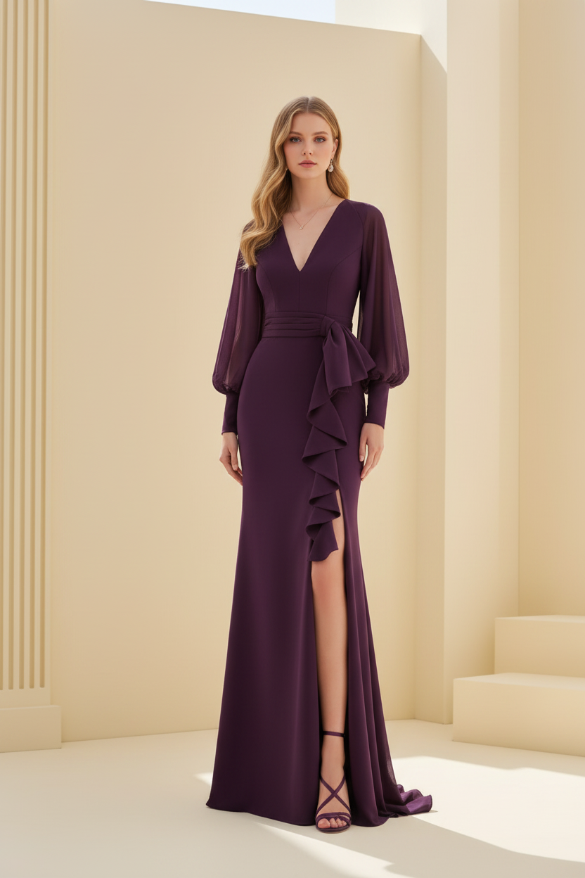Sheath/Column V-Neck Long Sleeves Floor-Length Unique Mother of the Bride Dresses with Ruffles