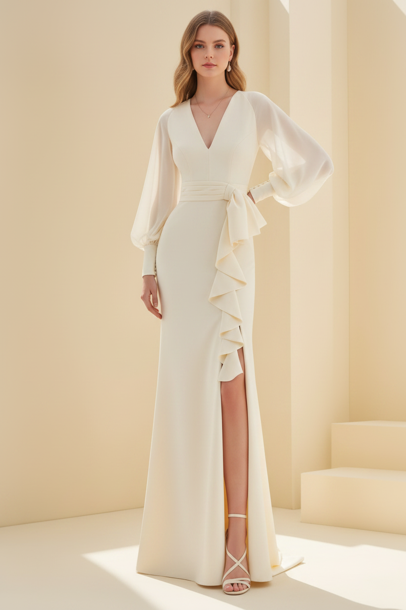 Sheath/Column V-Neck Long Sleeves Floor-Length Unique Mother of the Bride Dresses with Ruffles