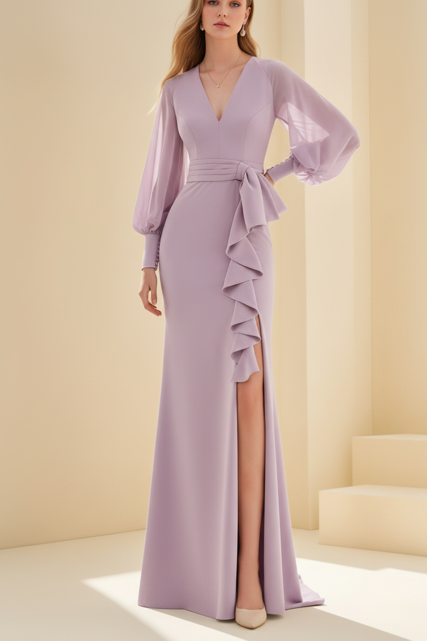 Sheath/Column V-Neck Long Sleeves Floor-Length Unique Mother of the Bride Dresses with Ruffles