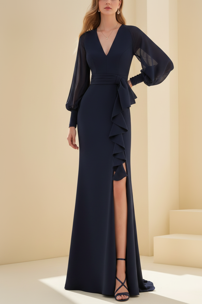 Sheath/Column V-Neck Long Sleeves Floor-Length Unique Mother of the Bride Dresses with Ruffles