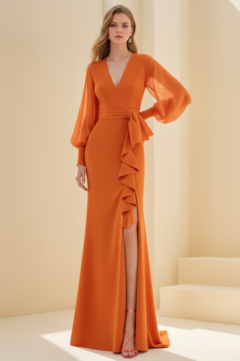 Sheath/Column V-Neck Long Sleeves Floor-Length Unique Mother of the Bride Dresses with Ruffles