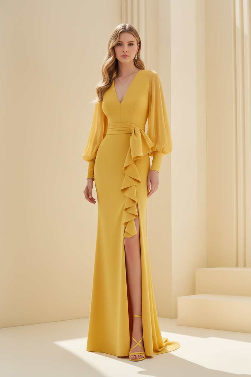 Sheath/Column V-Neck Long Sleeves Floor-Length Unique Mother of the Bride Dresses with Ruffles