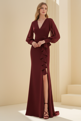 Sheath/Column V-Neck Long Sleeves Floor-Length Unique Mother of the Bride Dresses with Ruffles