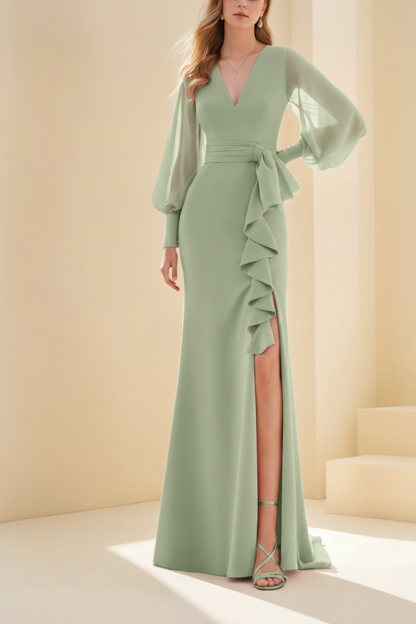 Sheath/Column V-Neck Long Sleeves Floor-Length Unique Mother of the Bride Dresses with Ruffles