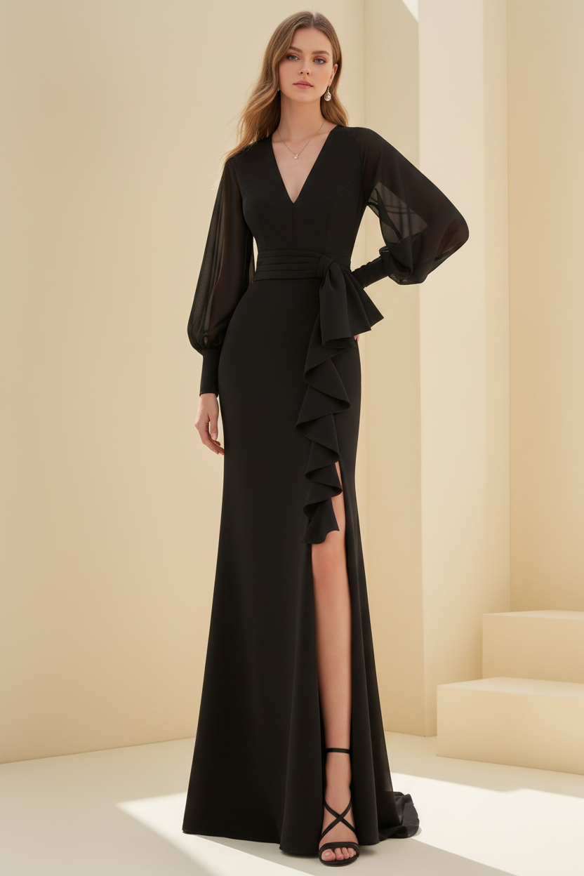 Sheath/Column V-Neck Long Sleeves Floor-Length Unique Mother of the Bride Dresses with Ruffles