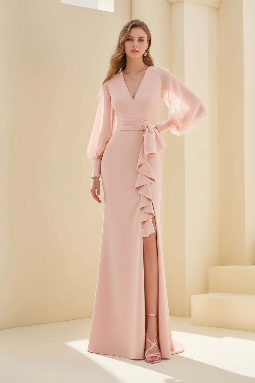 Sheath/Column V-Neck Long Sleeves Floor-Length Unique Mother of the Bride Dresses with Ruffles