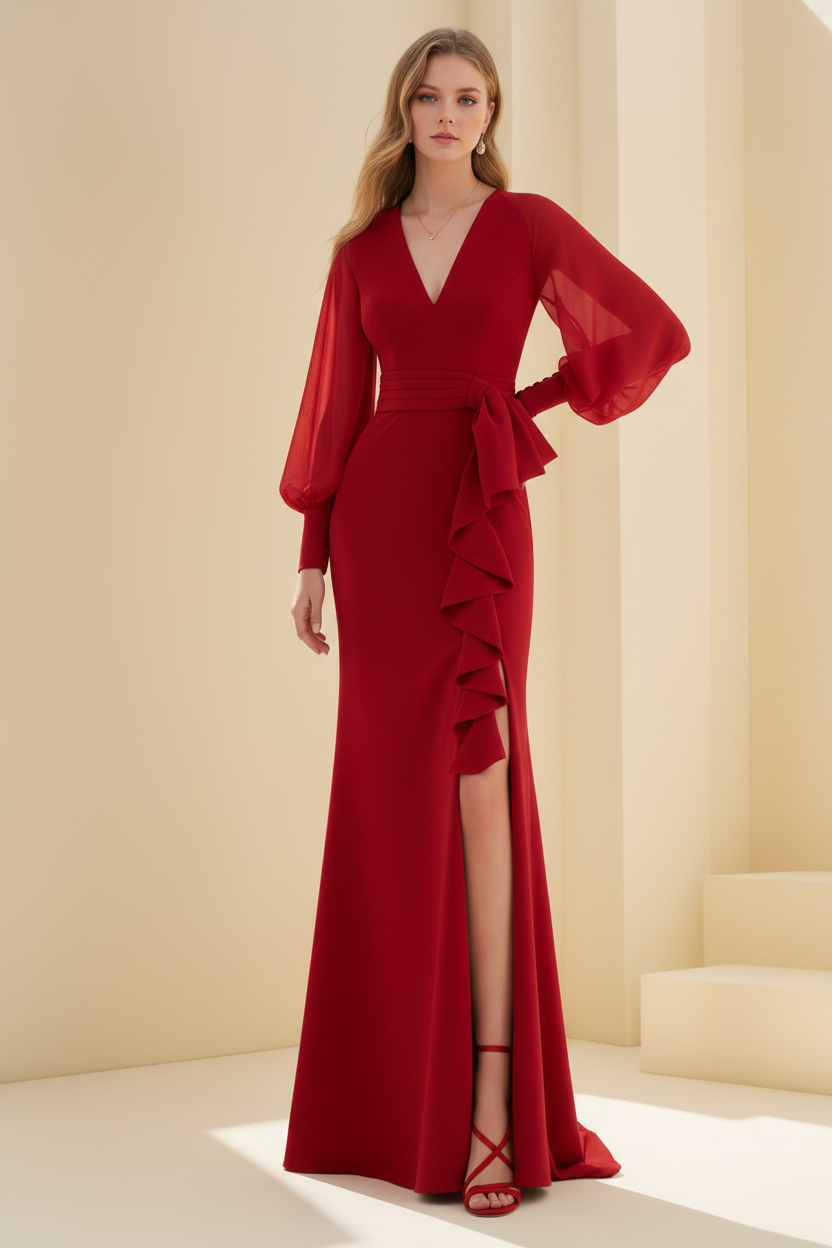 Sheath/Column V-Neck Long Sleeves Floor-Length Unique Mother of the Bride Dresses with Ruffles