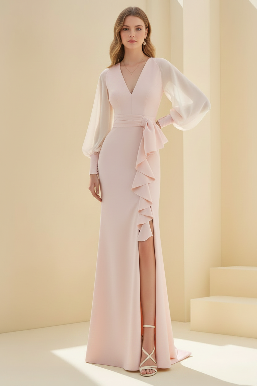 Sheath/Column V-Neck Long Sleeves Floor-Length Unique Mother of the Bride Dresses with Ruffles