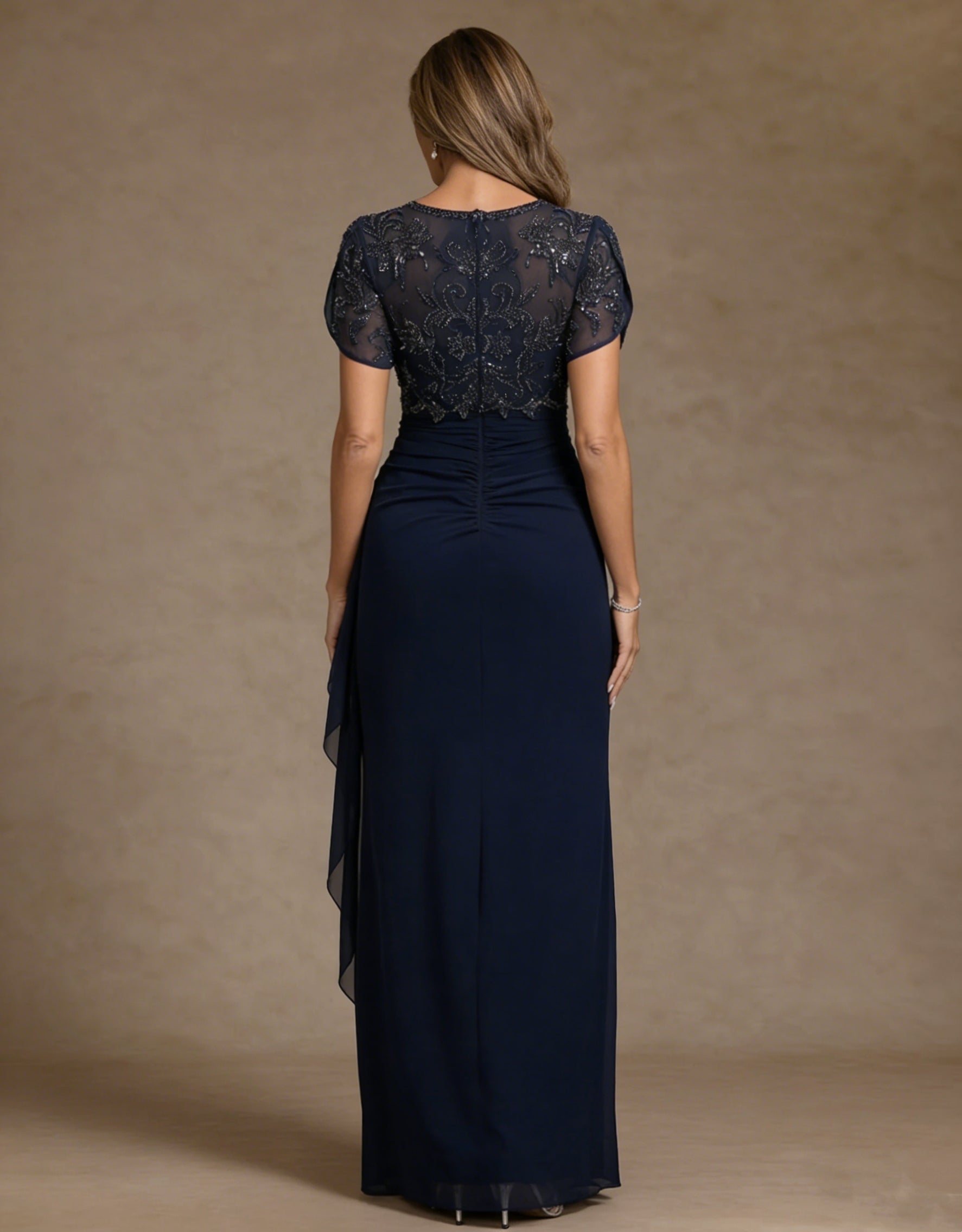Sheath/Column V Neck Mother of the Bride Dresses Short Sleeves Chiffon Floral Ankle Length Sequins Ruffles