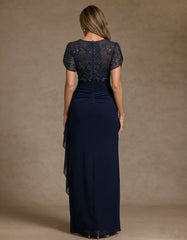 Sheath/Column V Neck Mother of the Bride Dresses Short Sleeves Chiffon Floral Ankle Length Sequins Ruffles