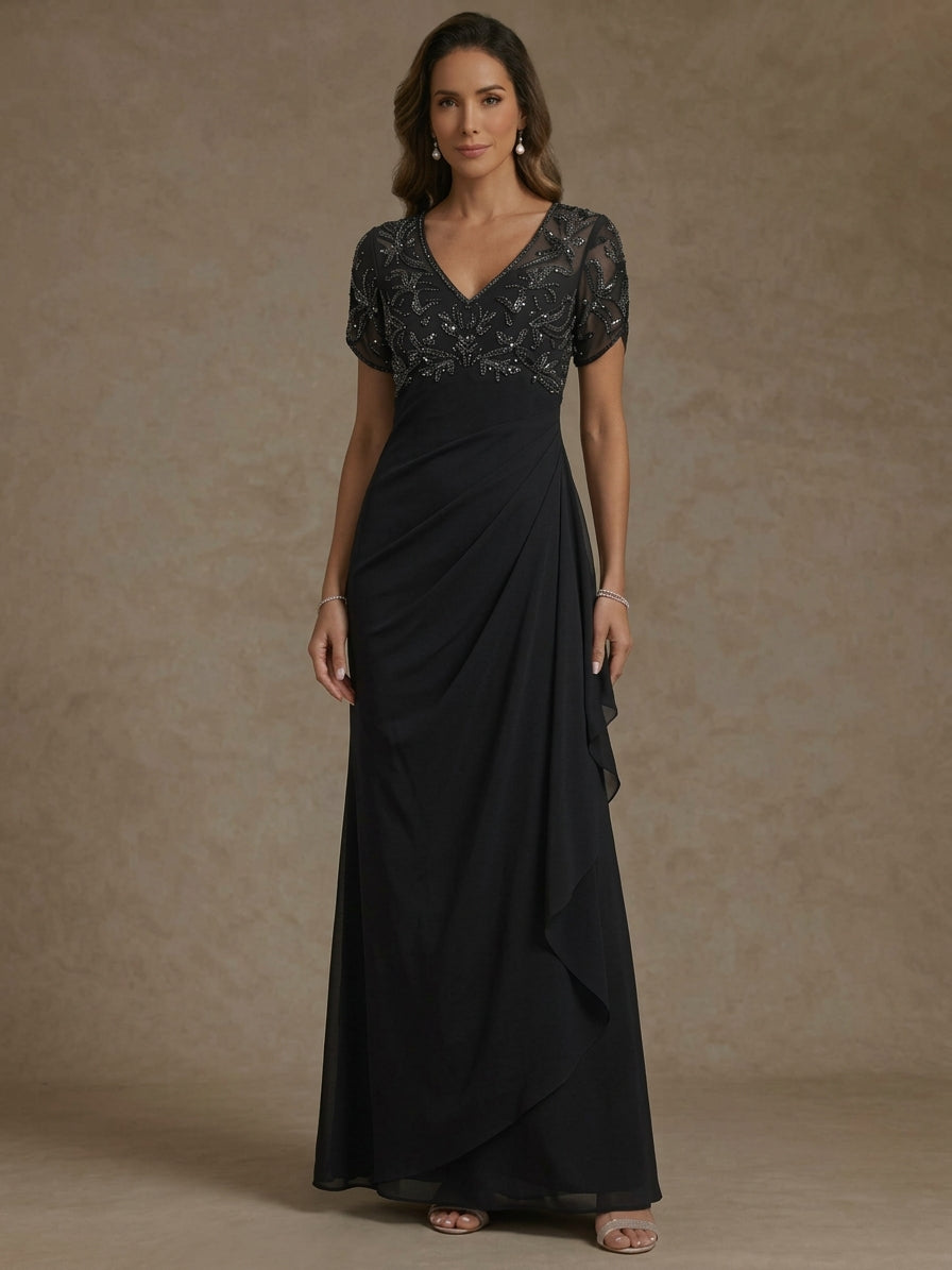 Sheath/Column V Neck Mother of the Bride Dresses Short Sleeves Chiffon Floral Ankle Length Sequins Ruffles, Navy Blue