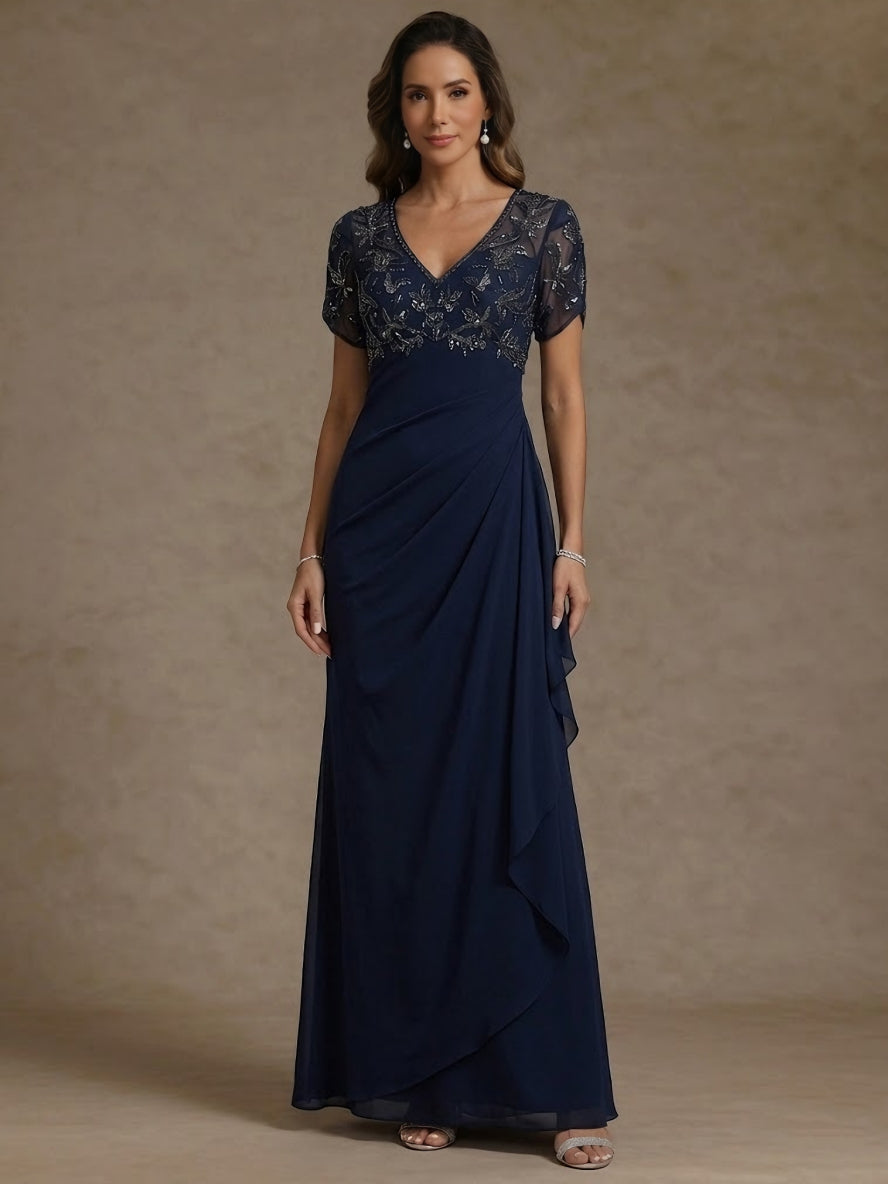 Sheath/Column V Neck Mother of the Bride Dresses Short Sleeves Chiffon Floral Ankle Length Sequins Ruffles