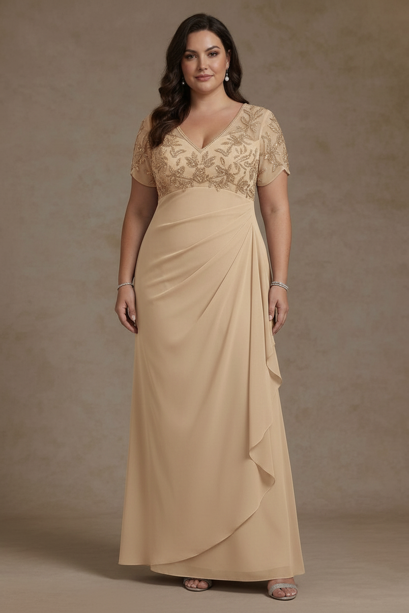 Sheath/Column V Neck Plus Size Mother of the Bride Dresses Short Sleeves Chiffon Floral Ankle Length Sequins Ruffles