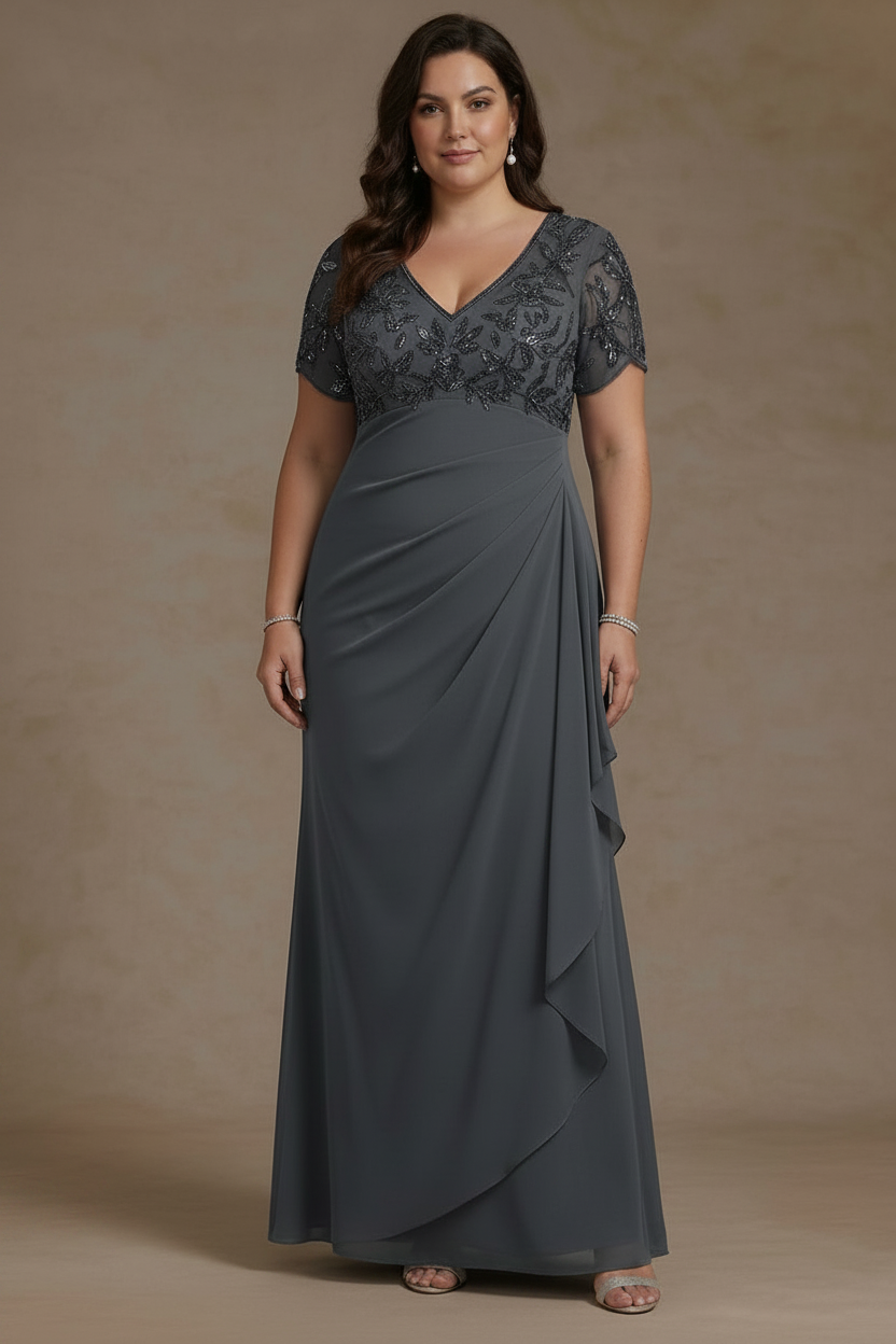 Sheath/Column V Neck Plus Size Mother of the Bride Dresses Short Sleeves Chiffon Floral Ankle Length Sequins Ruffles