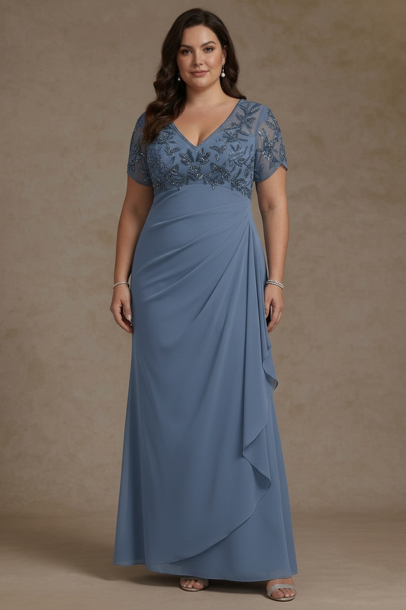 Sheath/Column V Neck Plus Size Mother of the Bride Dresses Short Sleeves Chiffon Floral Ankle Length Sequins Ruffles