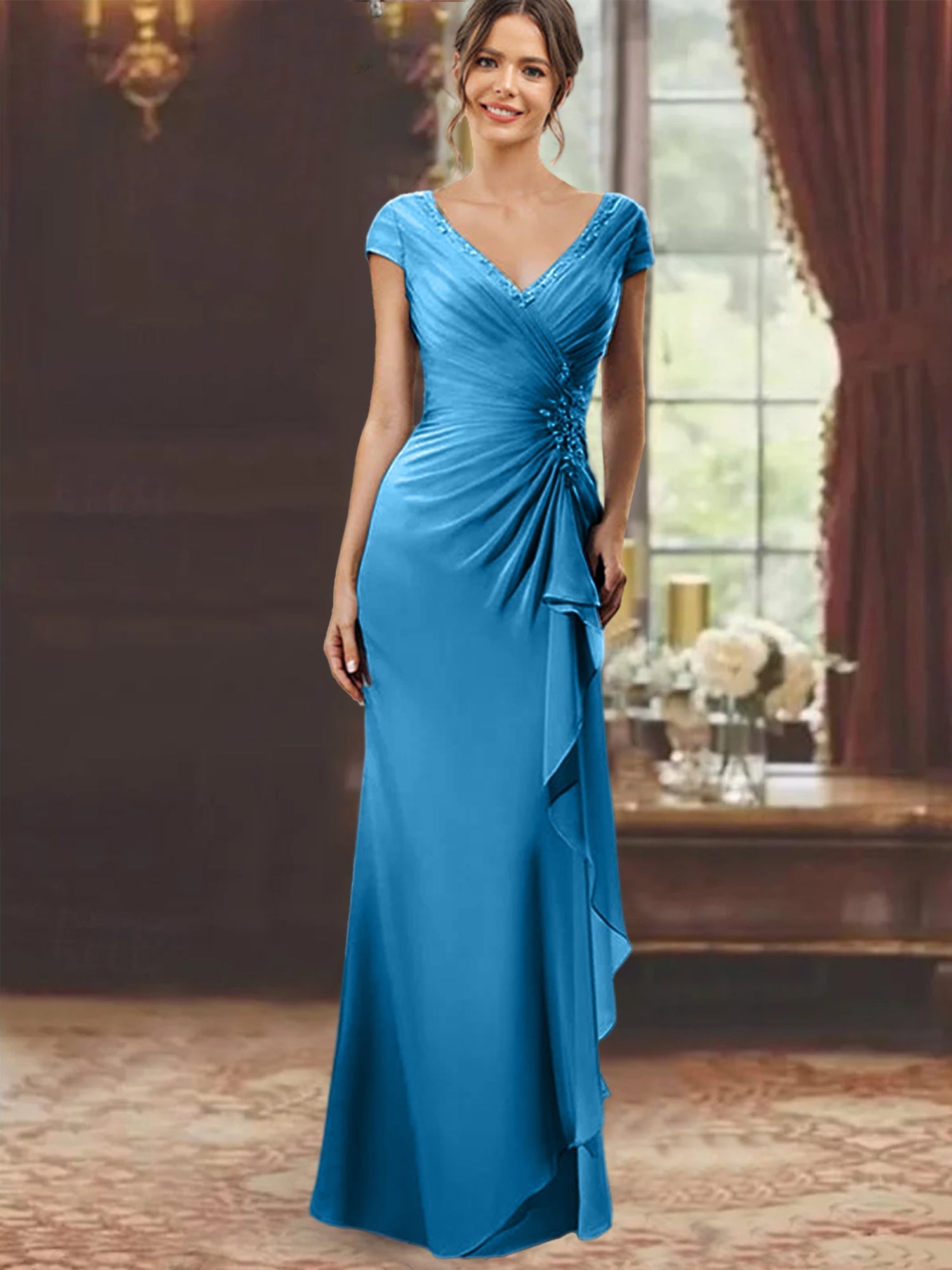 Sheath/Column V-Neck Short Sleeves Floor-Length Mother of the Bride Dresses With Ruffles & Appliques