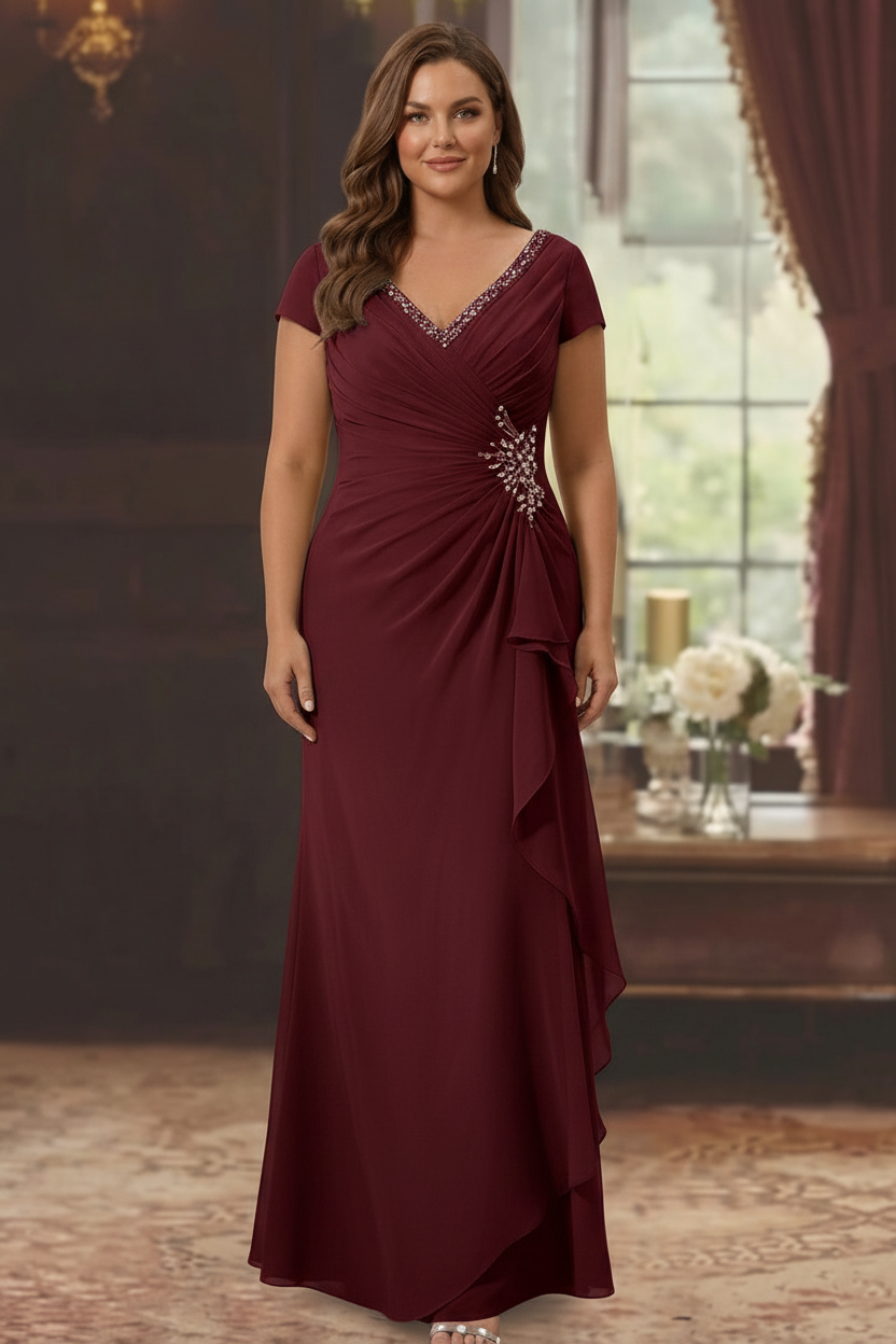 Sheath/Column V-Neck Short Sleeves Floor-Length Plus Size Mother of the Bride Dresses With Ruffles & Appliques