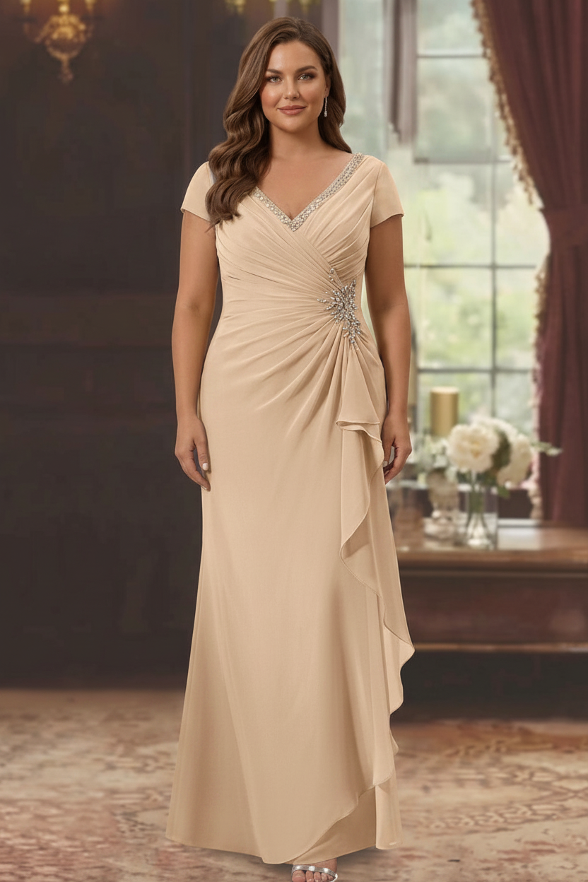 Sheath/Column V-Neck Short Sleeves Floor-Length Plus Size Mother of the Bride Dresses With Ruffles & Appliques