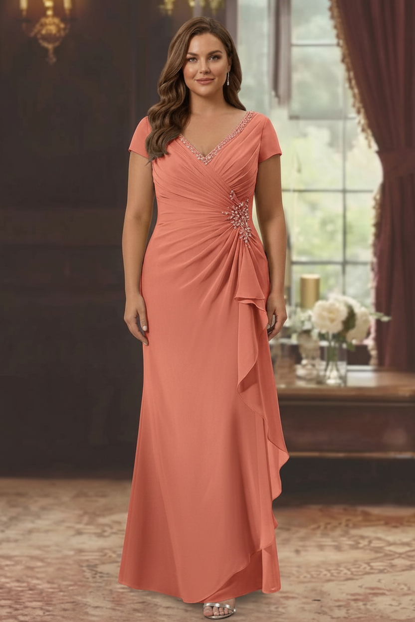 Sheath/Column V-Neck Short Sleeves Floor-Length Plus Size Mother of the Bride Dresses With Ruffles & Appliques