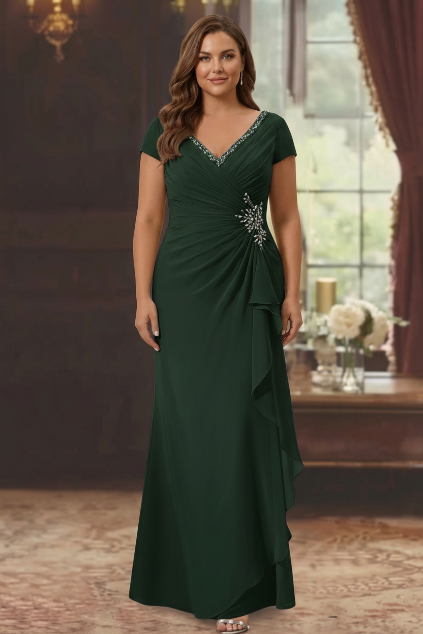 Sheath/Column V-Neck Short Sleeves Floor-Length Plus Size Mother of the Bride Dresses With Ruffles & Appliques
